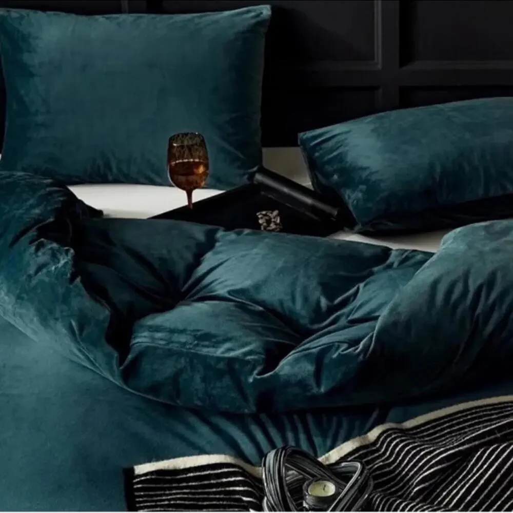 🆕 KING Set Duvet Cover Velvet Bedding Blue Green Velour High End Luxury Hotel
